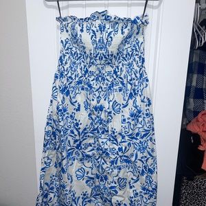 Strapless Blue and White Paisley Maxi Dress
